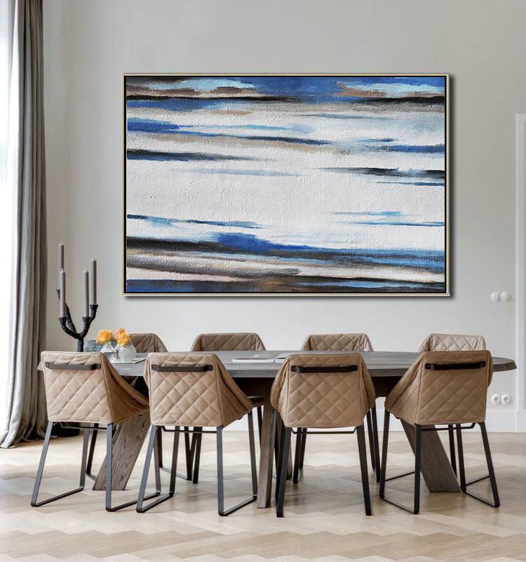 Original Artwork Extra Large Abstract Painting,Horizontal Palette Knife Contemporary Art,Handmade Acrylic Painting,White,Blue,Brown.etc